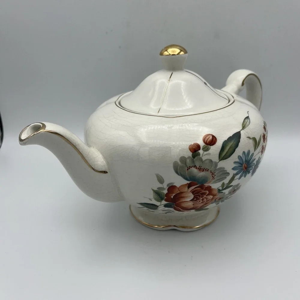 Vintage Ellgreave Wood & Sons Teapot Lid Floral Gold Trim Heatmaster England 4 C